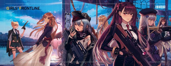 Anime picture 1500x578 with girls frontline hk416 (girls frontline) wa2000 (girls frontline) suomi kp31 (girls frontline) m1903 springfield (girls frontline) type 95 (girls frontline) g11 (girls frontline) welrod mk2 (girls frontline) aliceflag long hair fringe short hair blonde hair red eyes brown hair wide image multiple girls green eyes signed sky