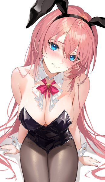 Anime picture 1157x2000 with virtual youtuber hololive takane lui kakage single long hair tall image looking at viewer blush fringe breasts blue eyes light erotic simple background hair between eyes large breasts white background sitting animal ears pink hair