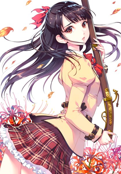 Anime picture 800x1147 with original nishimura eri single long hair tall image black hair red eyes white background girl skirt flower (flowers) weapon gun leaf (leaves) higanbana