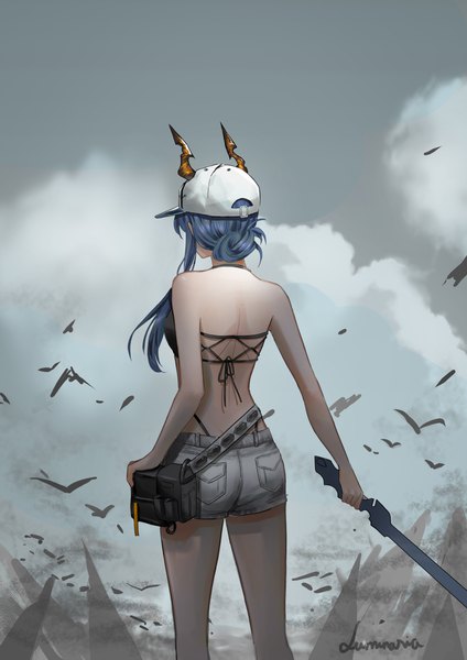 Anime picture 3508x4960 with arknights ch'en (arknights) female tourist c (arknights) lumin aria single long hair tall image highres signed blue hair absurdres sky cloud (clouds) horn (horns) from behind official alternate costume girl weapon animal sword
