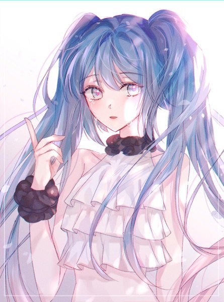 Anime picture 891x1200 with vocaloid hatsune miku name 1215 single long hair tall image looking at viewer fringe blue eyes simple background hair between eyes white background twintails bare shoulders blue hair upper body parted lips midriff tears gradient hair