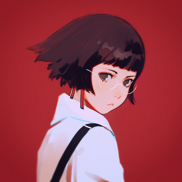 Anime picture 1080x1080 with original ilya kuvshinov single looking at viewer short hair simple background brown hair brown eyes upper body looking back red background :< girl shirt glasses white shirt suspenders