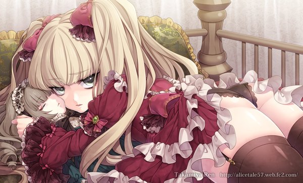 Anime picture 1954x1181 with original takamiya ren single long hair looking at viewer fringe highres light erotic blonde hair wide image ass lying blunt bangs grey eyes frilled dress lolita fashion girl thighhighs dress underwear