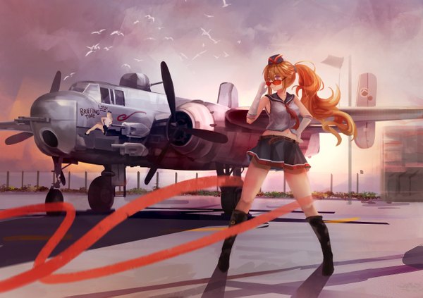 Anime picture 2500x1766 with warship girls r tagme (character) magician (china) single long hair looking at viewer highres smile purple eyes bare shoulders cloud (clouds) ponytail pleated skirt sunlight orange hair bare belly flying adjusting glasses graffiti girl