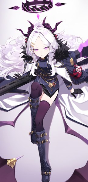 Anime picture 1654x3419 with blue archive hina (blue archive) daifuku (tkja3555) single tall image looking at viewer sitting purple eyes silver hair bent knee (knees) very long hair horn (horns) from above clothes on shoulders low wings girl thighhighs gloves uniform weapon