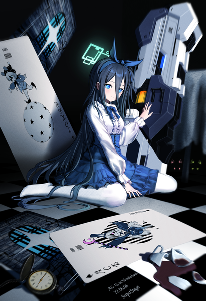 Anime picture 2031x2964 with alice in wonderland blue archive alice (wonderland) aris (blue archive) momoi (blue archive) midori (blue archive) shiro (blue archive) kuro (blue archive) supersugar single tall image fringe highres blue eyes black hair hair between eyes sitting full body very long hair no shoes