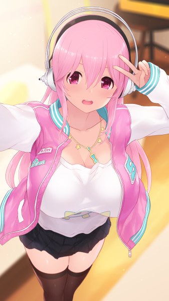 Anime picture 690x1227 with nitroplus super sonico cait single long hair tall image looking at viewer blush fringe breasts open mouth smile hair between eyes large breasts standing payot pink hair indoors long sleeves :d