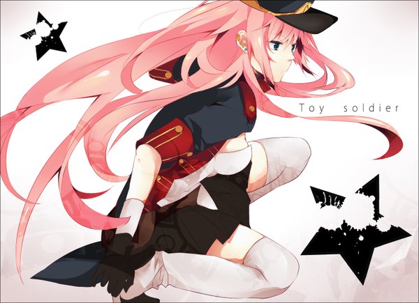 Anime picture 1444x1047 with vocaloid megurine luka hatsuko single long hair blue eyes white background pink hair girl thighhighs gloves uniform hat earrings miniskirt star (symbol)
