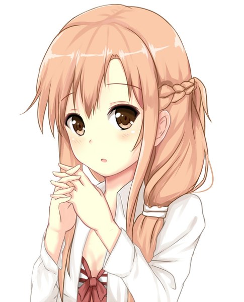 Anime picture 1000x1235 with sword art online a-1 pictures yuuki asuna itachi kanade single long hair tall image looking at viewer blush open mouth simple background brown hair white background brown eyes :o half updo hands clasped interlocked fingers girl