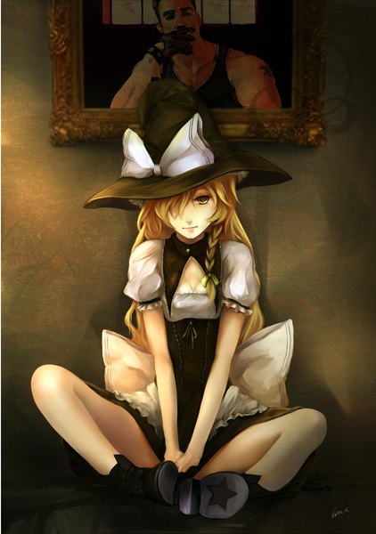 Anime picture 1639x2329 with touhou kirisame marisa billy herrington gracehoo long hair tall image looking at viewer blush fringe blonde hair smile sitting yellow eyes cleavage braid (braids) lips hair over one eye bare legs shadow short sleeves