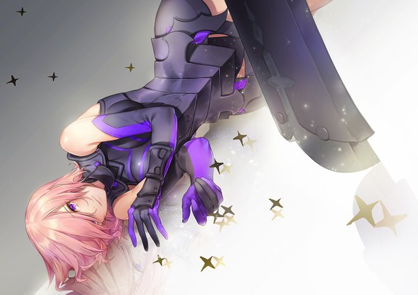 Anime picture 1400x990 with fate (series) fate/grand order mash kyrielight ogyue single looking at viewer blush fringe short hair simple background purple eyes pink hair lying light smile hair over one eye dutch angle on side reflection upside down girl