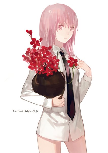 Anime picture 709x1000 with original cotta single long hair tall image looking at viewer blush simple background white background pink hair pink eyes inscription serious girl flower (flowers) shirt necktie vase