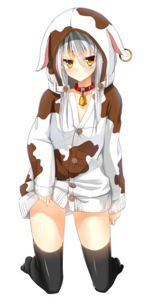 Anime picture 2000x3846 with elsword eve (elsword) uke (artist) single long hair tall image looking at viewer blush highres simple background white background yellow eyes silver hair full body kneeling facial mark animal print cow print girl thighhighs