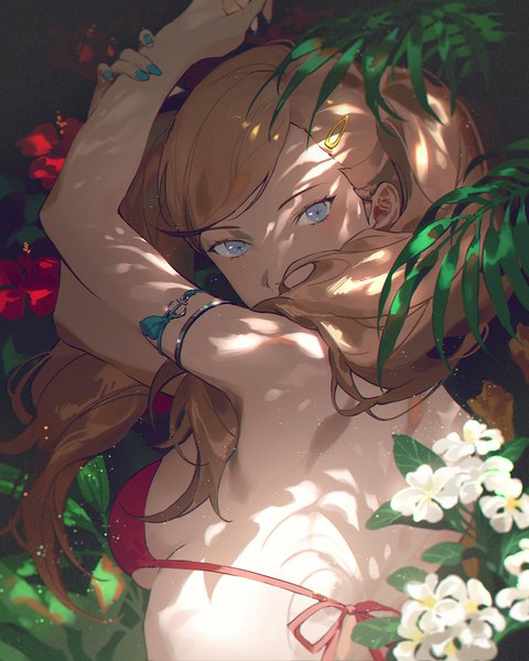 Anime picture 1200x1500 with persona 5 persona takamaki anne fajyobore single long hair tall image looking at viewer fringe breasts blue eyes light erotic blonde hair twintails upper body nail polish fingernails arms up sideboob turning head