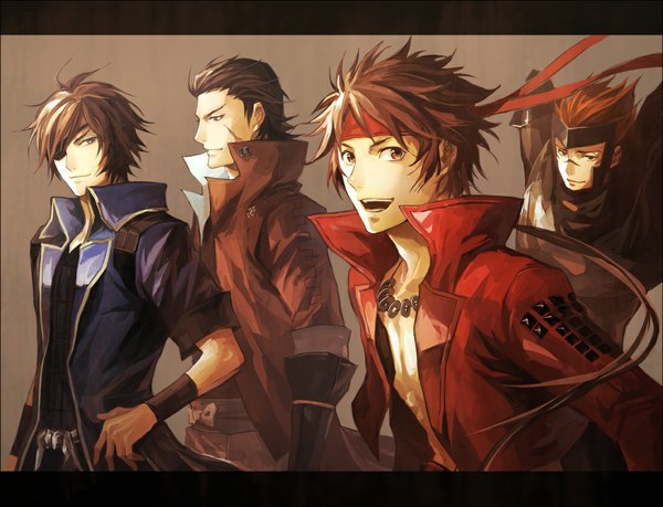 Anime picture 1097x840 with sengoku basara production i.g date masamune sanada yukimura sarutobi sasuke katakura kojuurou long hair short hair open mouth black hair smile brown hair brown eyes ponytail red hair profile open clothes hand on hip scar arms behind head