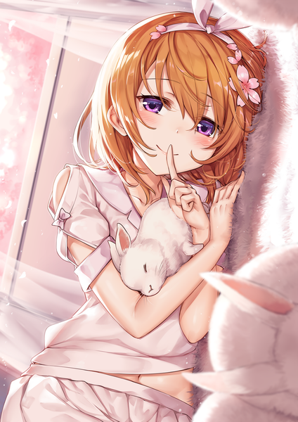 Anime picture 992x1403 with gochuumon wa usagi desu ka? white fox hoto cocoa ks single tall image looking at viewer blush fringe short hair smile hair between eyes purple eyes lying hair flower orange hair short sleeves finger to mouth on side girl