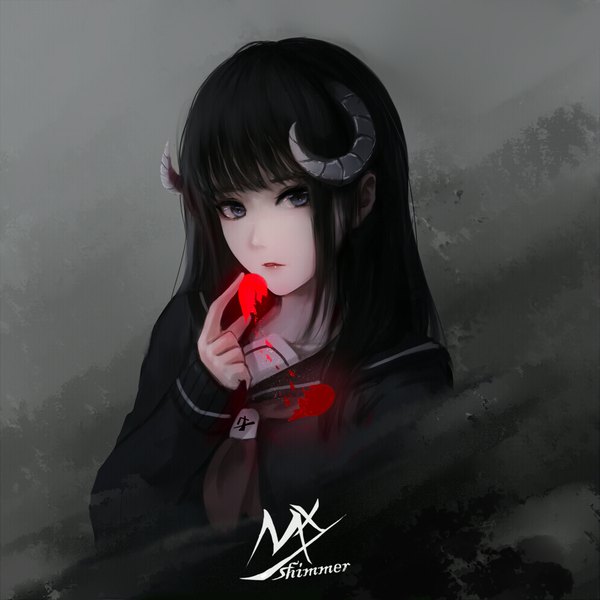 Anime picture 992x992 with original shimmer single long hair looking at viewer fringe black hair holding signed upper body blunt bangs long sleeves parted lips horn (horns) lips realistic teeth grey eyes lipstick gradient background