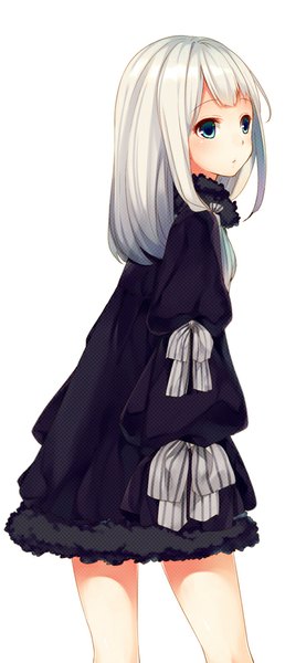 Anime picture 453x1052 with teroru single long hair tall image fringe open mouth blue eyes simple background standing white background white hair girl dress bow black dress