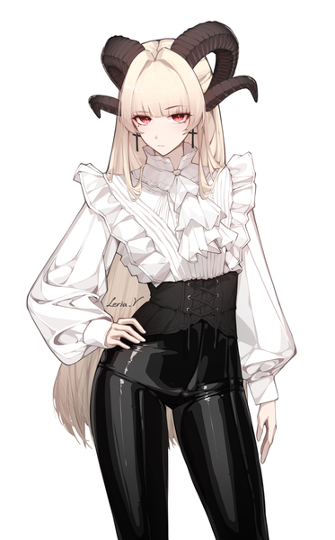 Anime picture 1244x2000 with original leria v single long hair tall image looking at viewer fringe simple background blonde hair red eyes standing white background signed blunt bangs long sleeves horn (horns) puffy sleeves hand on hip sleeves past wrists shiny clothes