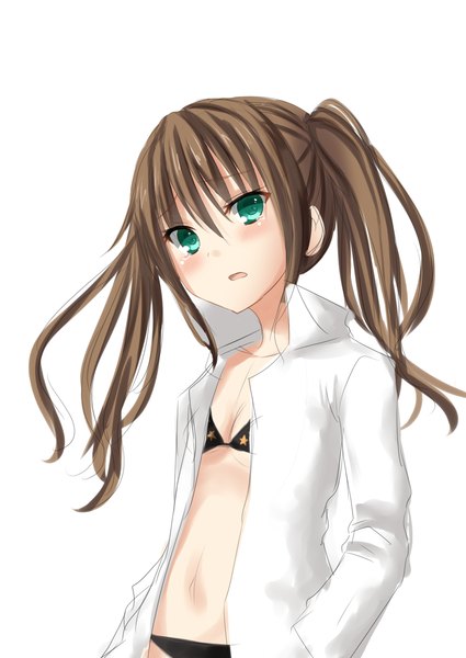 Anime picture 1074x1517 with original alexmaster single long hair tall image looking at viewer blush breasts light erotic brown hair white background green eyes flat chest girl swimsuit bikini shirt