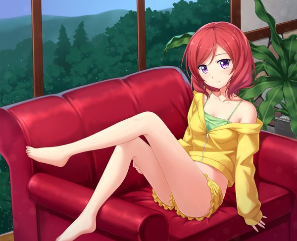Anime picture 1540x1250 with love live! school idol project sunrise (studio) love live! nishikino maki tucana single looking at viewer blush short hair sitting purple eyes red hair barefoot bare legs girl plant (plants) window couch potted plant