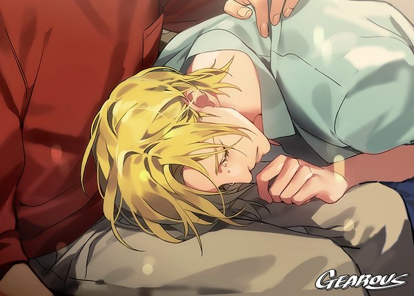 Anime picture 1036x743 with banana fish mappa ash lynx okumura eiji gearous fringe short hair blonde hair sitting signed eyes closed parted lips multiple boys hug tears crying head out of frame shounen ai lap pillow boy