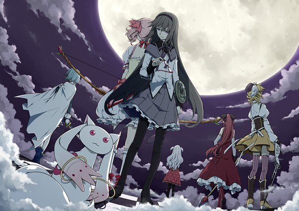 Anime picture 1100x778 with mahou shoujo madoka magica shaft (studio) akemi homura kaname madoka sakura kyouko miki sayaka tomoe mami kyuubee momoe nagisa sakuraba yuuki long hair black hair blonde hair purple eyes twintails multiple girls looking away pink hair cloud (clouds) white hair