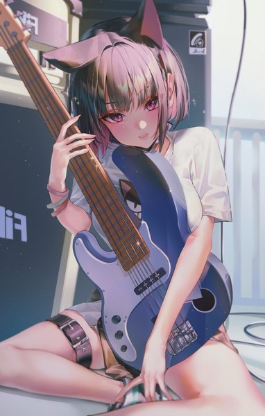 Anime picture 3381x5317 with blue archive kazusa (blue archive) dance arm single tall image looking at viewer fringe highres short hair black hair smile sitting animal ears absurdres blunt bangs pink eyes multicolored hair two-tone hair short sleeves extra ears