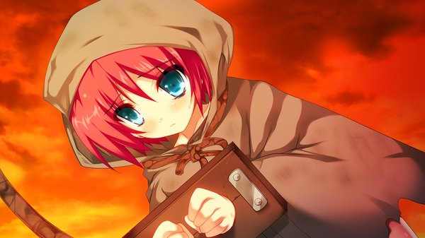 Anime picture 1280x720 with revolver girl hammer lady dodge maria shimesaba kohada blush short hair blue eyes wide image game cg red hair girl hood