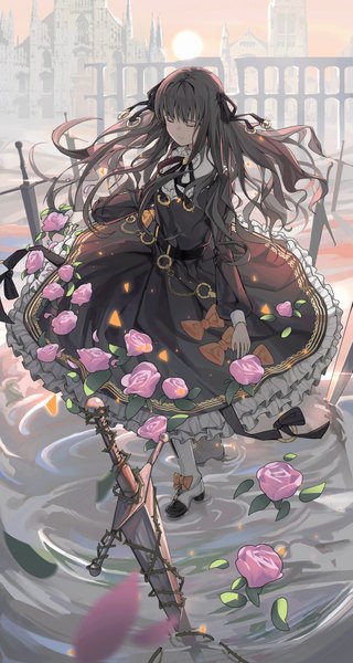 Anime picture 2800x5250 with arcaea tairitsu (arcaea) bruce 1354 single long hair tall image fringe highres black hair standing full body outdoors blunt bangs eyes closed long sleeves frilled dress girl dress flower (flowers) ribbon (ribbons)