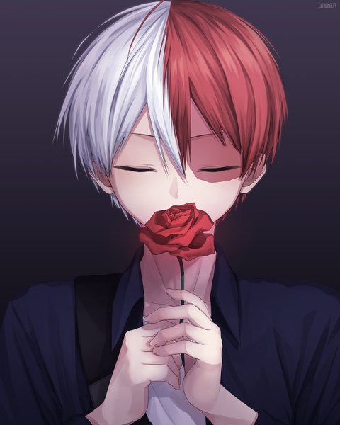 Anime picture 1200x1500 with boku no hero academia studio bones todoroki shouto inosia single tall image fringe short hair simple background hair between eyes holding signed silver hair upper body ahoge red hair eyes closed multicolored hair two-tone hair black background