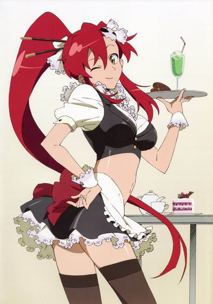 Anime picture 2446x3490 with tengen toppa gurren lagann gainax yoko littner single long hair tall image highres smile white background yellow eyes ponytail red hair one eye closed light smile wink hand on hip waitress girl thighhighs skirt