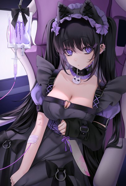 Anime picture 3390x5000 with original ompf single tall image looking at viewer fringe highres breasts light erotic black hair hair between eyes large breasts purple eyes twintails animal ears payot absurdres cleavage long sleeves very long hair