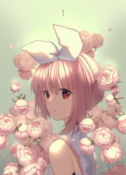 Anime picture 750x1044 with virtual youtuber atelier live pinku (vtuber) rosuuri single tall image looking at viewer fringe short hair simple background hair between eyes red eyes bare shoulders signed pink hair parted lips looking back watermark girl flower (flowers)
