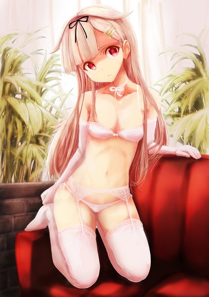 Anime picture 1200x1697 with kantai collection yuudachi destroyer nanai single long hair tall image fringe light erotic blonde hair red eyes looking away underwear only kneeling shaded face remodel (kantai collection) girl thighhighs gloves navel underwear