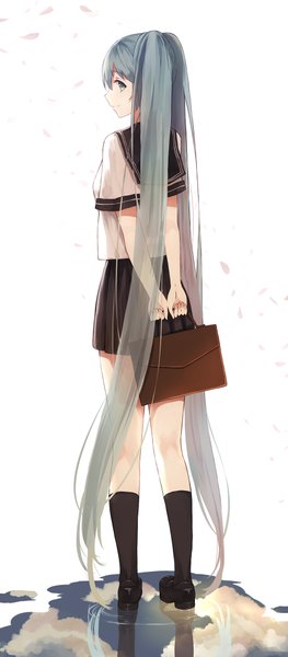 Anime picture 865x1967 with vocaloid hatsune miku gkn levi single tall image fringe simple background hair between eyes standing white background twintails holding green eyes full body very long hair pleated skirt green hair light smile from behind wide sleeves