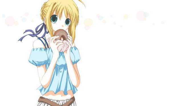 Anime picture 1169x729 with fate (series) fate/stay night studio deen type-moon artoria pendragon (all) saber blonde hair wide image food doughnut