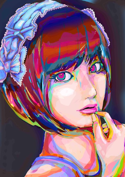 Anime picture 3508x4961 with original miyano kensuke tall image highres short hair absurdres multicolored hair lipstick finger to mouth multicolored eyes multicolored girl headdress hairband