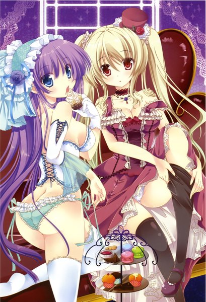 Anime picture 3836x5626 with original hinata momo long hair tall image highres blue eyes light erotic blonde hair red eyes twintails multiple girls absurdres purple hair scan girl thighhighs dress underwear panties black thighhighs