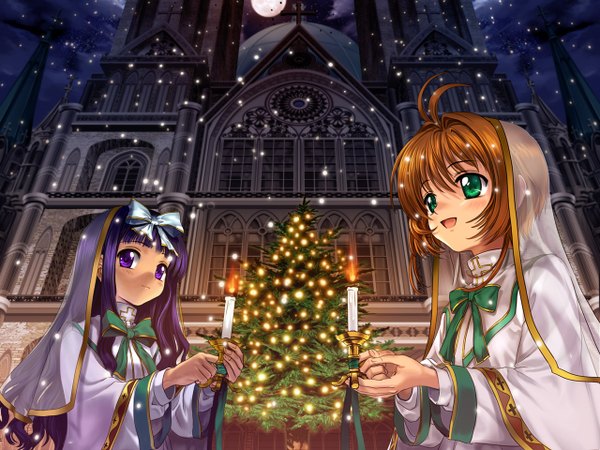 Anime picture 1280x960 with card captor sakura clamp kinomoto sakura daidouji tomoyo mutsuki (moonknives) snowing christmas winter candle (candles) church