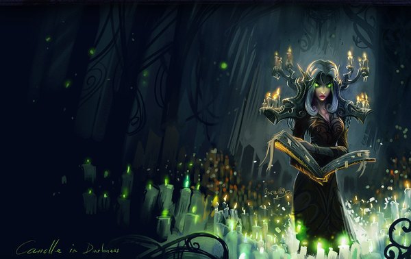 Anime picture 1280x808 with world of warcraft blizzard entertainment single long hair green eyes white hair pointy ears elf girl book (books) candle (candles)