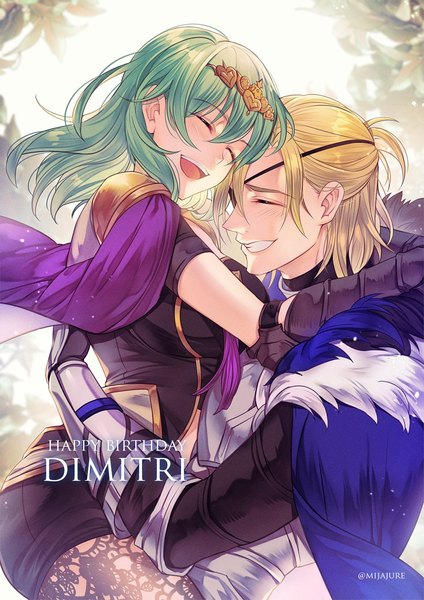 Anime picture 1000x1415 with fire emblem fire emblem: three houses nintendo byleth (fire emblem) dimitri alexandre blaiddyd byleth (female) (fire emblem) enlightened byleth (female) mijajure long hair tall image blush fringe short hair open mouth blonde hair smile hair between eyes signed eyes closed green hair