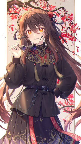 Anime picture 1358x2416 with genshin impact hu tao (genshin impact) bshi edayo single long hair tall image fringe smile hair between eyes red eyes brown hair standing twintails hand on hip symbol-shaped pupils outside border animal print pillarboxed plum blossoms sunglasses removed