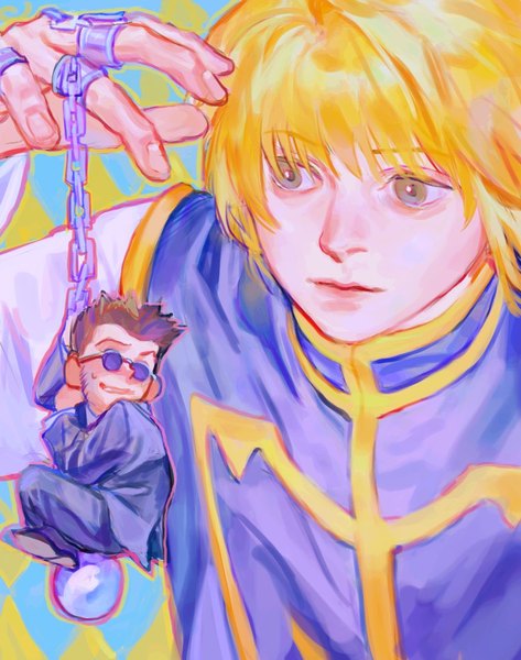 Anime picture 861x1092 with hunter x hunter kurapica leorio paladiknight umi (k mpk) tall image fringe short hair simple background blonde hair brown hair holding brown eyes full body upper body bent knee (knees) long sleeves parted lips head tilt multiple boys looking down