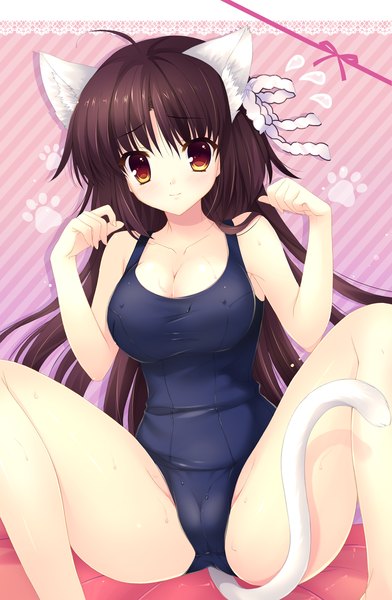 Anime picture 2704x4141 with alia's carnival! saijo karin mitha single long hair tall image looking at viewer blush highres breasts light erotic red eyes brown hair animal ears ahoge tail animal tail cat ears wet cat tail