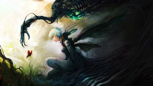 Anime picture 1280x720 with original asuka111 single short hair wide image sitting yellow eyes white hair profile insect wings butterfly wings mecha musume girl plant (plants) wings insect butterfly grass robot mecha