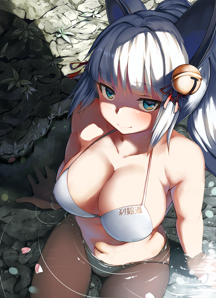 Anime picture 3636x5000 with kanpani girls hisame shakadou belko single long hair tall image looking at viewer blush fringe highres breasts blue eyes light erotic large breasts sitting bare shoulders animal ears payot absurdres cleavage