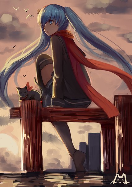 Anime picture 992x1402 with vocaloid hatsune miku alvein6 single long hair tall image fringe blue eyes sitting twintails looking away sky cloud (clouds) from behind aqua hair zettai ryouiki girl animal shoes scarf
