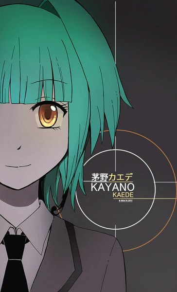 Anime picture 621x1024 with ansatsu kyoushitsu kayano kaede tagme (artist) single tall image looking at viewer fringe short hair simple background signed yellow eyes green hair light smile inscription grey background girl uniform school uniform shirt necktie