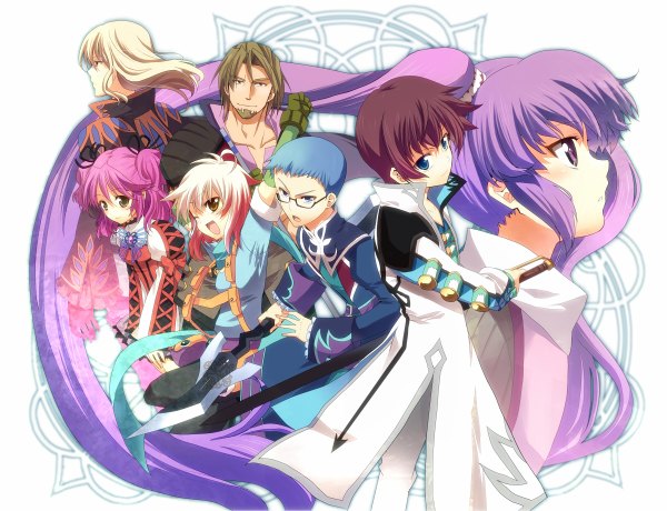 Anime picture 1200x920 with tales of graces sophie (tales) asbel lhant cheria barnes richard (tales) pascal hubert ozwell malik caesars blush open mouth blue eyes simple background blonde hair smile brown hair white background purple eyes multiple girls brown eyes yellow eyes